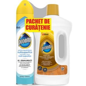 Pachet spray multisuprafete PRONTO lime, 300ml + detergent pentru parchet PRONTO Lemn curat, 750ml