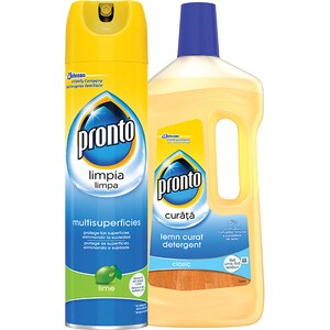 Pachet spray multisuprafete PRONTO lime, 300ml + detergent pentru parchet PRONTO Lemn curat, 750ml