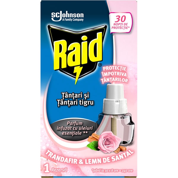 Rezerva aparat electric anti-tantari RAID Trandafir & Lemn de santal, 21 ml