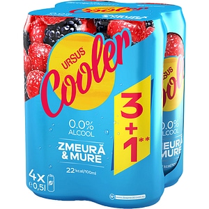 Bere cu arome Ursus Cooler Zmeura&Mure 3+1 bax 0.5L x 4 doze