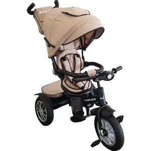 Tricicleta cu copertina Baby Care Turbo Bike, Pedale si maner pentru parinti, Scaun reversibil cu rotatie 360 grade, Cadru metalic, Dimensiuni 110X60X90 cm, Crem