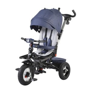 Tricicleta cu copertina detasabila NOVOKIDS Jockey Trike, cu far luminos si melodii, pozitie somn, pedale si maner pentru parinti, scaun reversibil cu rotire 360 grade, dimensiuni 120x54x100 cm, albastru