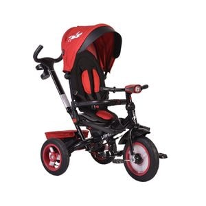 Tricicleta cu copertina detasabila NOVOKIDS jockey trike, cu far luminos si melodii, roti gonflabile din cauciuc, pozitie somn, pedale si maner pentru parinti, scaun reversibil cu rotire 360 grade, cadru metalic, dimensiuni 120x54x100 cm, rosu
