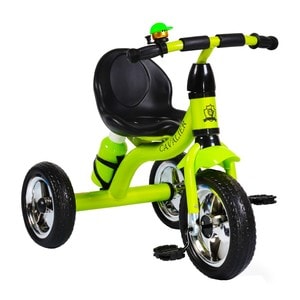 Tricicleta cu pedale NOVOKIDS chavalier,cu sonerie si sticla de apa, max 20 kg, roti din spuma cauciucata eva, cadru metalic, dimensiuni 75x54x46 cm, verde