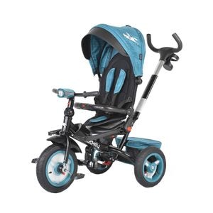 Tricicleta cu copertina detasabila NOVOKIDS jockey trike, cu far luminos si melodii, roti gonflabile din cauciuc, pozitie somn, pedale si maner pentru parinti, scaun reversibil cu rotire 360 grade, cadru metalic, dimensiuni 120x54x100 cm, turquoise