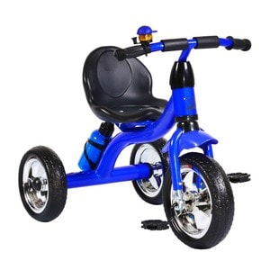 Tricicleta cu pedale NOVOKIDS chavalier,cu sonerie si sticla de apa, max 20 kg, roti din spuma cauciucata eva, cadru metalic, dimensiuni 75x54x46 cm, albastru