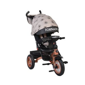 Tricicleta cu copertina NOVOKIDS tornado, cu melodii si lumini, roti gomflabile din cauciuc, pozitie somn, scaun reversibil cu invartire 360 grade, cadru metalic, dimensiuni 110x60x90 cm, crem
