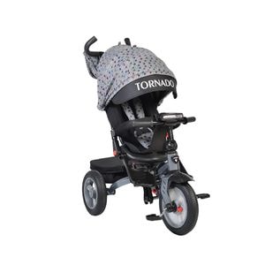 Tricicleta cu copertina NOVOKIDS tornado, cu melodii si lumini, roti gomflabile din cauciuc, pozitie somn, scaun reversibil cu invartire 360 grade, cadru metalic, dimensiuni 110x60x90 cm, gri