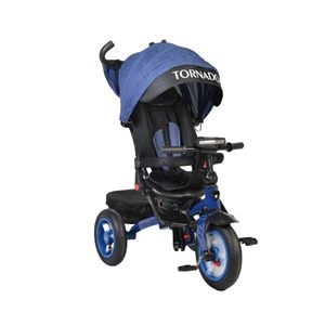 Tricicleta cu copertina NOVOKIDS tornado, cu melodii si lumini, roti gonflabile din cauciuc, pozitie somn, scaun reversibil cu rotire 360 grade, cadru metalic, dimensiuni 110x60x90 cm, albastru