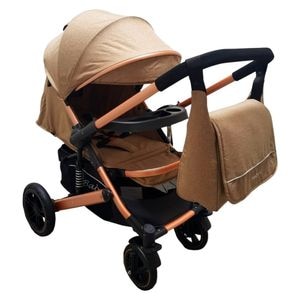 Carucior nou nascuti 2 in 1 BABY CARE PRO 512, Cu geanta bebe inclusa, Suspensii, Cadru aluminiu Gold, Maner reversibil, Spatar reglabil in 5 trepte, Amortizoare, Plasa insecte,  Frana picior,Pliabil,  Maron Gold