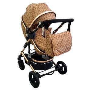 Carucior nou nascuti 2 in 1 Baby Care PRO 531, Cu geanta bebe, Cadru Aluminiu Gold,  Amortizoare, Roti din cauciuc plin AVE, Spatar reglabil 3 trepte, Plasa insecte, Maron cu imprimeu Bambucci