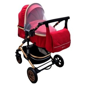 Carucior nou nascuti 2 in 1 Baby Care PRO 531, Cu geanta bebe, Cadru Aluminiu Gold,  Amortizoare, Roti din cauciuc plin AVE, Spatar reglabil 3 trepte, Plasa insecte, Rosu