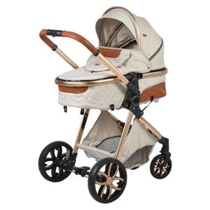 Carucior nou nascuti 2 in 1 NOVOKIDS Alma Gold PRO , Cu geanta, Spatar reglabil 3 trepte, Crem