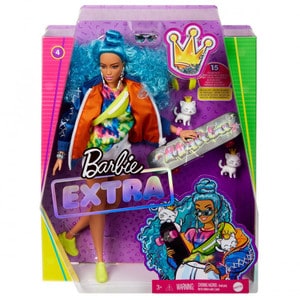 Papusa Barbie Extra Style Par Albastru Carliontat, cu SkateBoard si 2 Pisicute