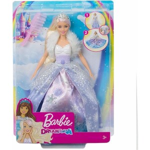 Papusa Barbie printesa zapezilor, rochie plisata actionata pe baza de buton