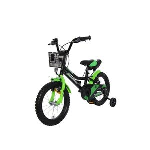 Bicicleta pentru copii NOVOKIDS Splend'Or Boom Edition, Cu cosulet, Roti 16" inch, Maxim 35 kg, Cadru din otel, Roti ajutatoare detasabile, Ghidon reglabil pe inaltime, Negru cu Verde
