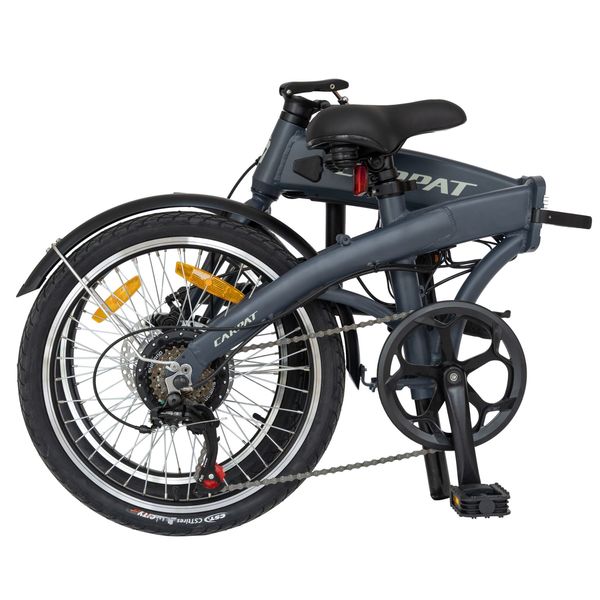 Bicicleta Electrica (E-BIKE) Pliabila, Echipare Shimano 6 Viteze, Roti 20 Inch, Cadru Aluminiu, Frane Mecanice Disc, Carpat C201PE, Gri cu Design Alb