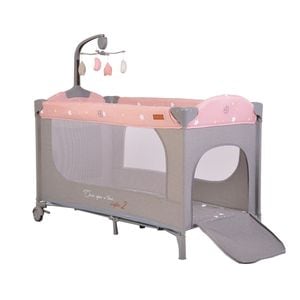 Patut pliant transformabil in tarc copii NOVOKIDS Onceuponatime NEST, 62X125 cm, 2 Niveluri, Jucarie Carusel muzical, Fermoar acces lateral, Roz cu Gri