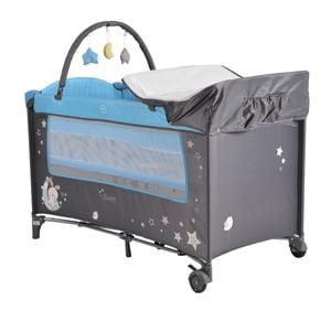 Patut pliant transformabil in tarc copii NOVOKIDS Sleepy NEST, 60X120 cm, Masa infasat, Jucarie Carusel cu jucarii din plus, Albastru cu Gri