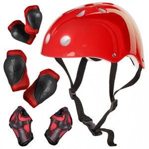 Set Protectie Pentru Copii, 7 Piese, Model Skateboard, Culoarea Rosie