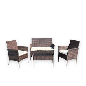 Set mobilier gradina, PROCART, structura metalica, 4 piese, fotolii, canapea, masuta, model ratan, maro