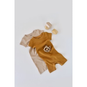 Set de 2 salopetele cu maneca scurta din bumbac organic si modal - Mustar/ Somon (Marime: 6-9 luni)