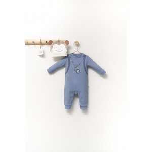 Set salopeta cu caciulita cu urechiuse pentru bebelusi Ursulet, Tongs baby (Culoare: Albastru, Marime: 6-9 luni)