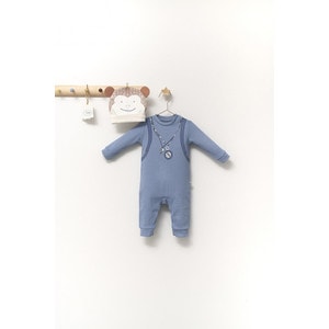 Set salopeta cu caciulita cu urechiuse pentru bebelusi Ursulet, Tongs baby (Culoare: Albastru, Marime: 0-3 Luni)
