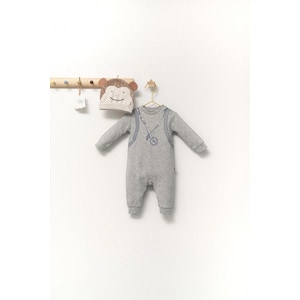 Set salopeta cu caciulita cu urechiuse pentru bebelusi Ursulet, Tongs baby (Culoare: Gri, Marime: 3-6 Luni)