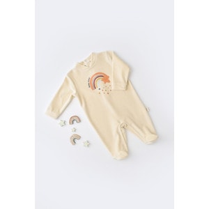Salopeta Curcubeu cu maneca lunga si botosei din 80%bumbac organic si 20% poliester - Crem, Baby Cosy (Marime: 6-9 luni)