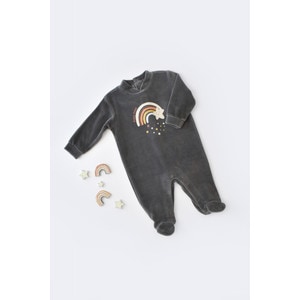 Salopeta Curcubeu cu maneca lunga si botosei din 80%bumbac organic si 20% poliester - Antracit, Baby Cosy (Marime: 3-6 Luni)