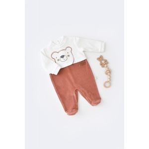 Salopeta Ursulet cu maneca lunga si botosei din 80%bumbac organic si 20% poliester - Caramiziu, Baby Cosy (Marime: 0-3 Luni)