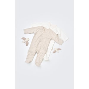 Set 2 salopetele cu maneca lunga si panataloni lungi cu botosei - 100%bumbac organic - Crem cu buline, Baby Cosy (Marime: 6-9 luni)