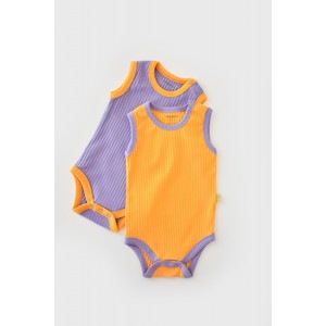 Set 2 body-uri fara maneci Ribana bebe unisex, bumbac organic si 5% elastan, galben/mov, marime 3-6 luni