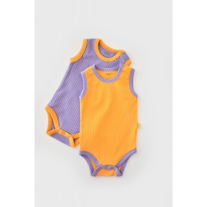 Set 2 body-uri fara maneci Ribana bebe unisex, bumbac organic si 5% elastan, galben/mov, marime 18-24 luni