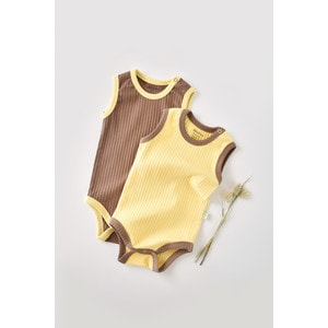 Set 2 body-uri fara maneci Ribana bebe unisex, bumbac organic si 5% elastan, galben/maro