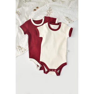 Set 2 body-uri Ribana bebe unisex, bumbac organic si 5% elastan, crem/bordo, Baby Cosy, marime 6-9 luni