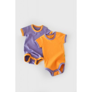 Set 2 body-uri Ribana bebe unisex, bumbac organic si 5% elastan, galben/mov, marime 3-6 luni