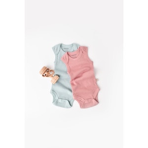 Set 2 body-uri fara maneci bebe unisex, bumbac organic si modal, verde menta/roz