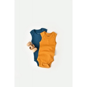 Set 2 body-uri fara maneci bebe unisex, bumbac organic si modal, bleumarin/galben