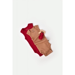 Set 2 body-uri fara maneci bebe unisex, bumbac organic si modal, maro/rosu, Baby Cosy, marime 12-18 luni