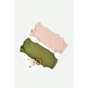Set 2 body-uri fara maneci bebe unisex, bumbac organic si modal, verde/roz pudra