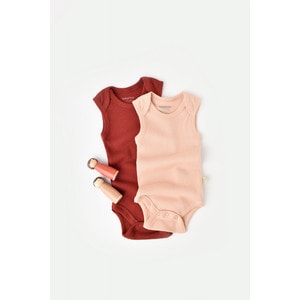 Set 2 body-uri fara maneci bebe unisex, bumbac organic si modal, caramiziu/somon