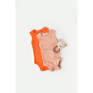 Set 2 body-uri fara maneci bebe unisex, bumbac organic si modal, portocaliu/piersica