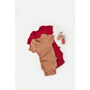 Set 2 body-uri bebe unisex, bumbac organic si modal, maro/rosu