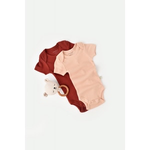 Set 2 body-uri bebe unisex, bumbac organic si modal, caramiziu/somon