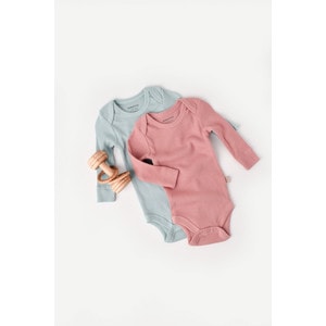 Set 2 body-uri cu maneca lunga bebe unisex, bumbac organic si modal, verde menta/roz