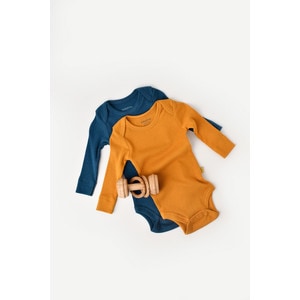 Set 2 body-uri cu maneca lunga bebe unisex, bumbac organic si modal, bleumarin/galben
