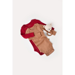 Set 2 body-uri cu maneca lunga bebe unisex, bumbac organic si modal, maro/rosu, Baby Cosy, marime 0-3 luni