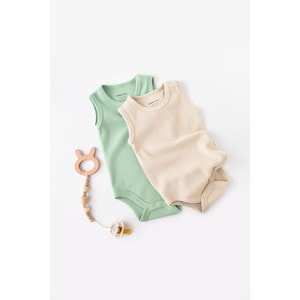 Set 2 body-uri fara maneci bebe unisex, bumbac organic, verde menta/bej